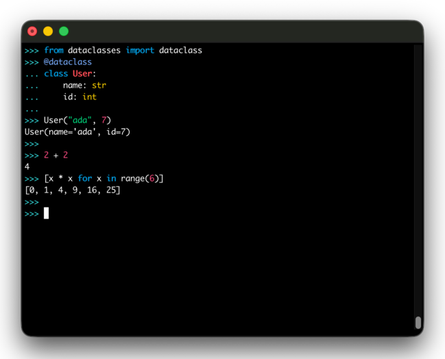 PYRS REPL screenshot showing syntax highlighting and dataclass usage
